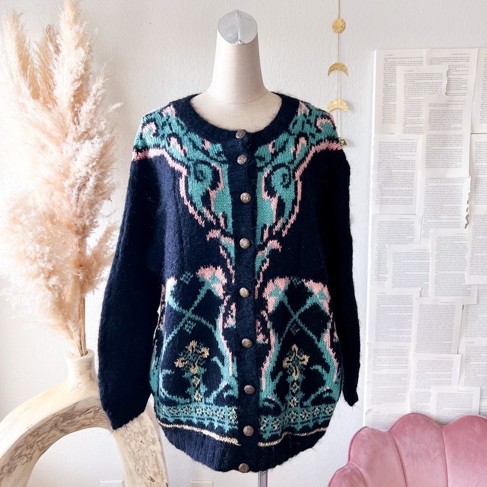 VINTAGE EXPRESS Printed Oversized Mohair Button Front Cardigan